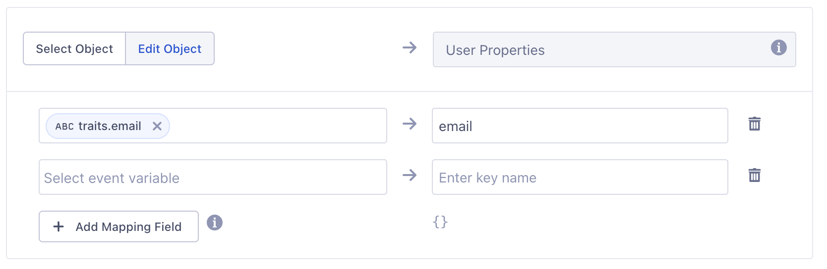 Screenshot of mapping traits.email from Segment to Mixpanel email field, which Segment transforms to $email