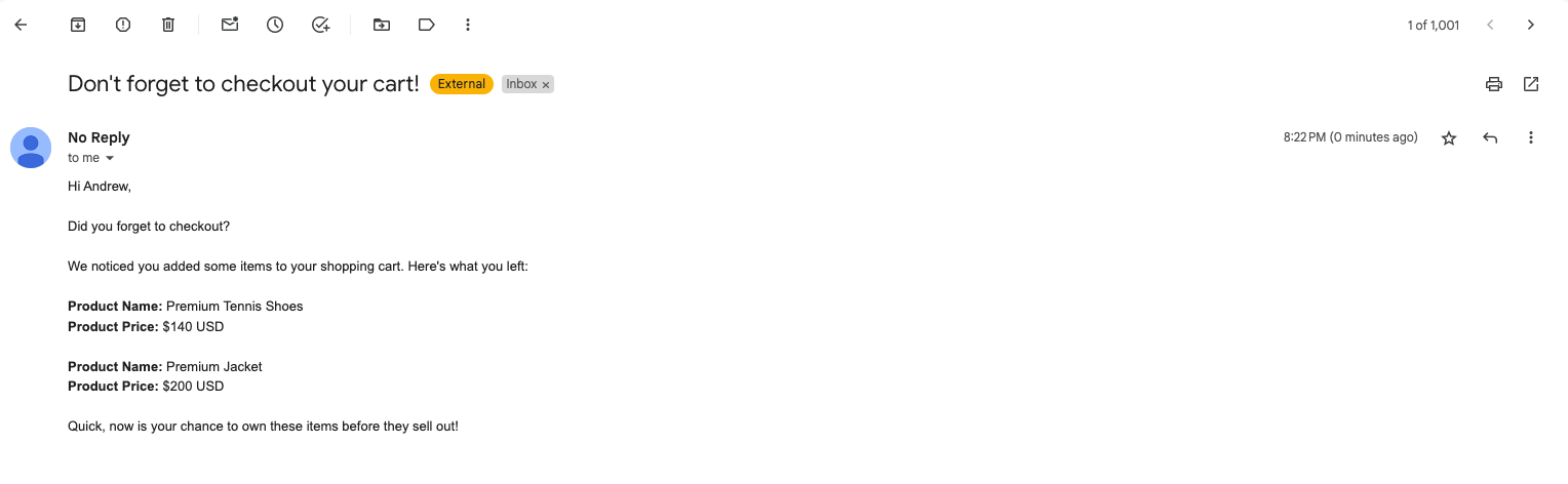 A screenshot of an abandoned cart email, with a personalized name, two items, and prices for those items.